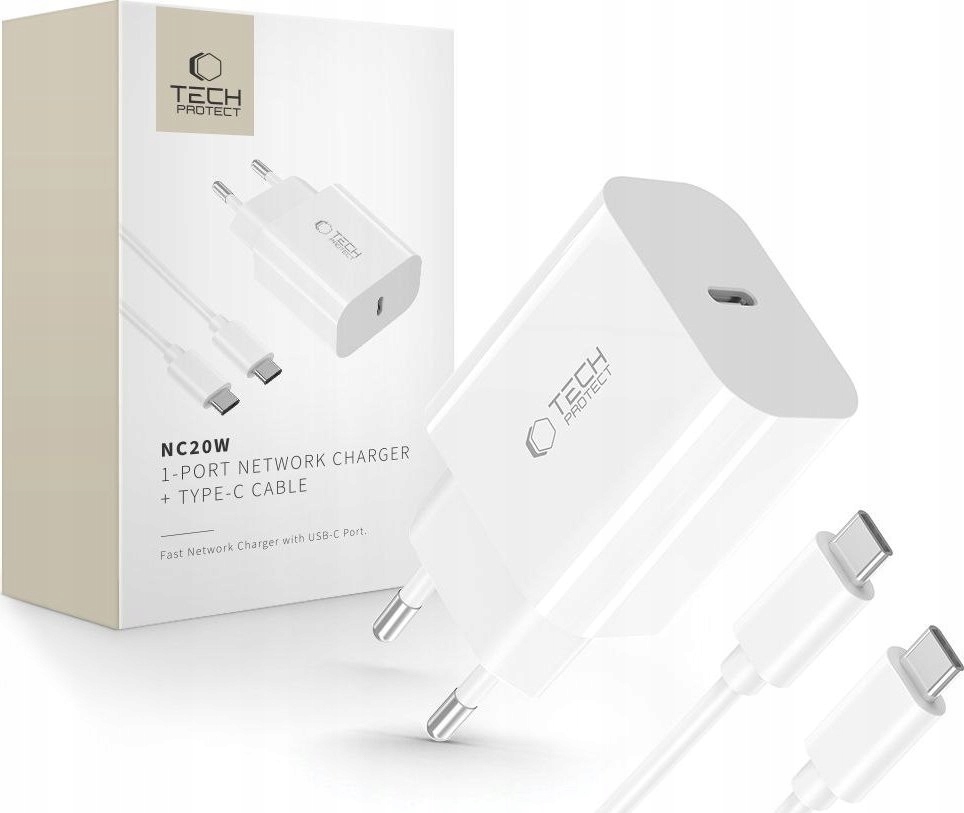 Tech-protect NC20W 1-PORT Network Charger PD20W Type-c Cable White