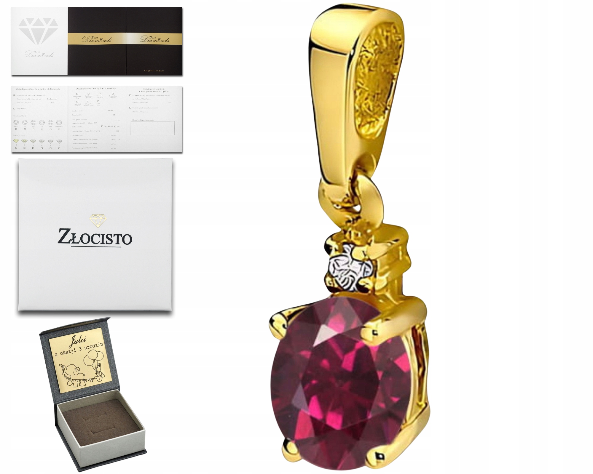 Zlatý Přívěsek S Diamantem A Rhodolitem, Gravírování Bonus , Dárek 585 Bonus