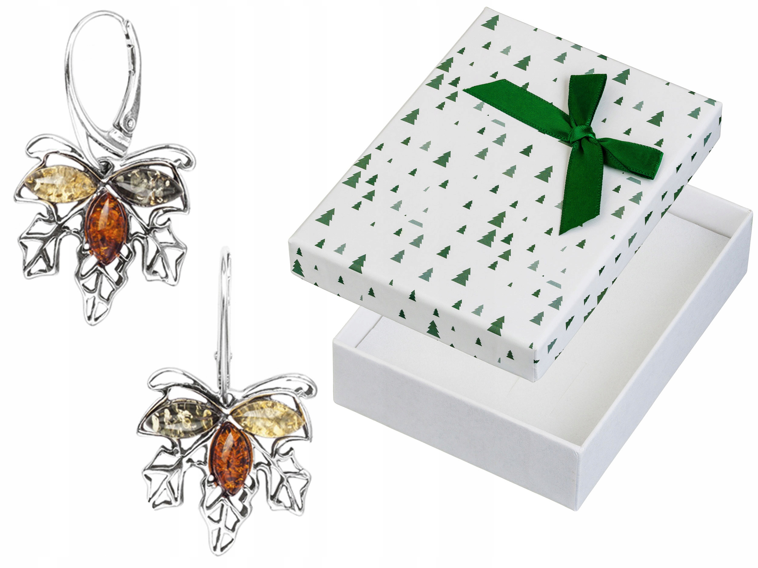 Stříbrné Náušnice Závěsné barevné listy s jantarem Anglické zapínání