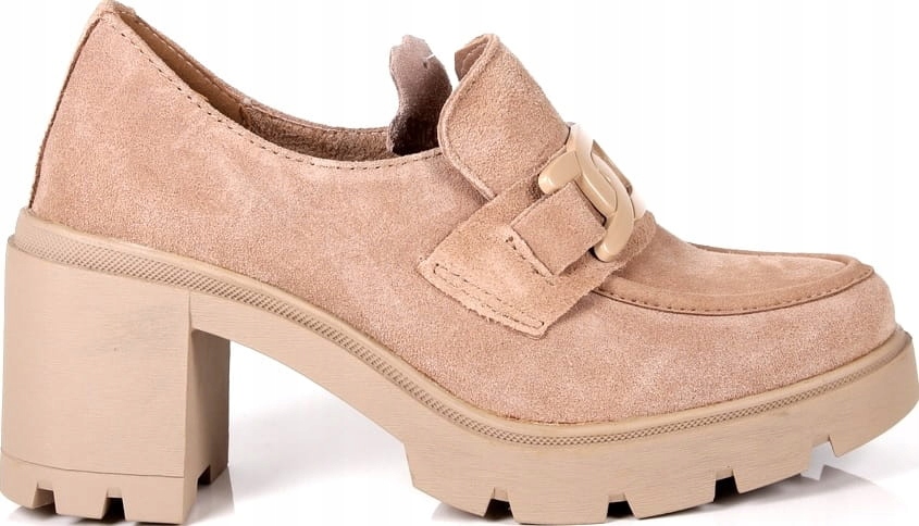 iButy PÓŁBUTY SKÓRZANE MOKASYNY NA SŁUPKU OBCASIE BEŻOWE Z ŁAŃCUCHEM NEW Wzór dominujący bez wzoru