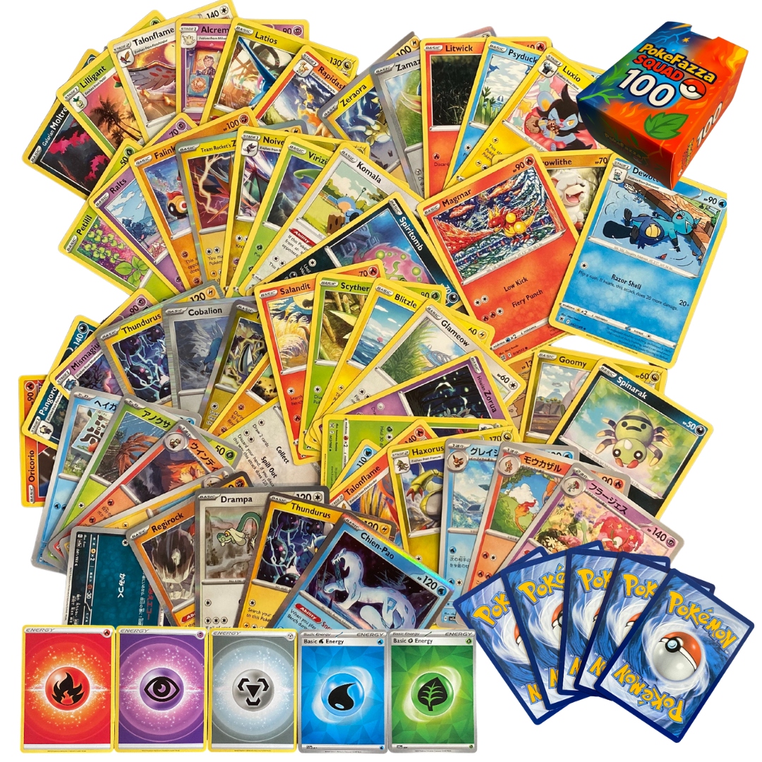Pokemon TCG Zestaw 100 kart + 20 Rzadkich + 10 Trenerów | Każda Inna