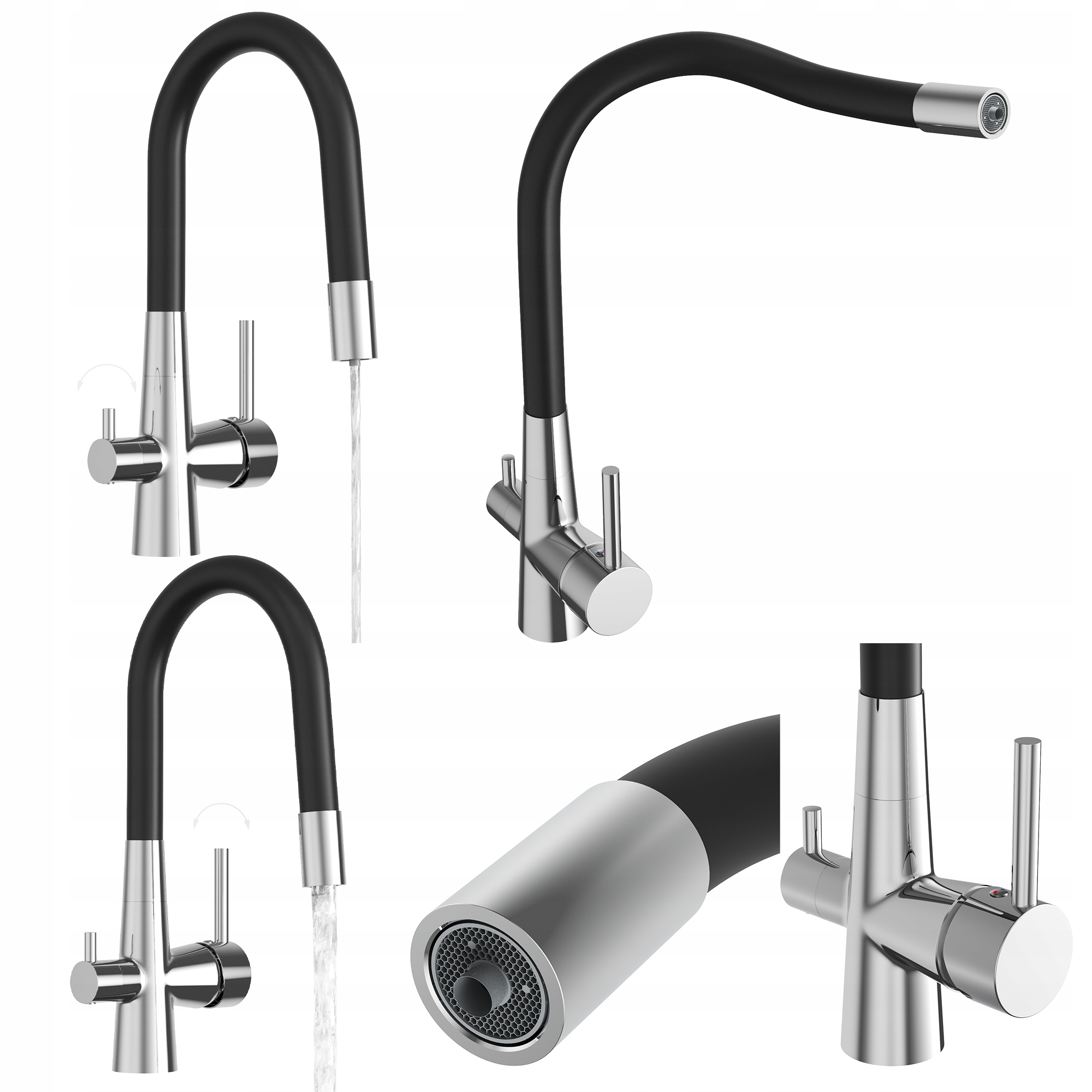Trojcestná Kuchynská Batéria Čierna S Pružným Výtokom Do Vodovodného Filtra