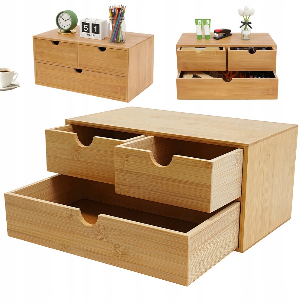 Bambusový Organizér Na Psací Stůl Na Kosmetiku S 3 Zásuvky 33X19X16 CM