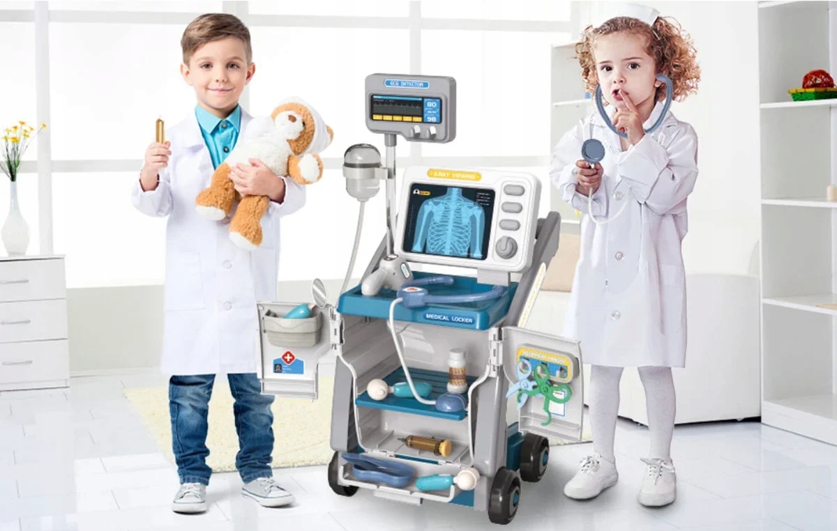 ZESTAW LEKARSKI wózek USG RTG doktor AKCESORIA LEKARZ + NAKLEJKI Kolor dominujący odcienie niebieskiego