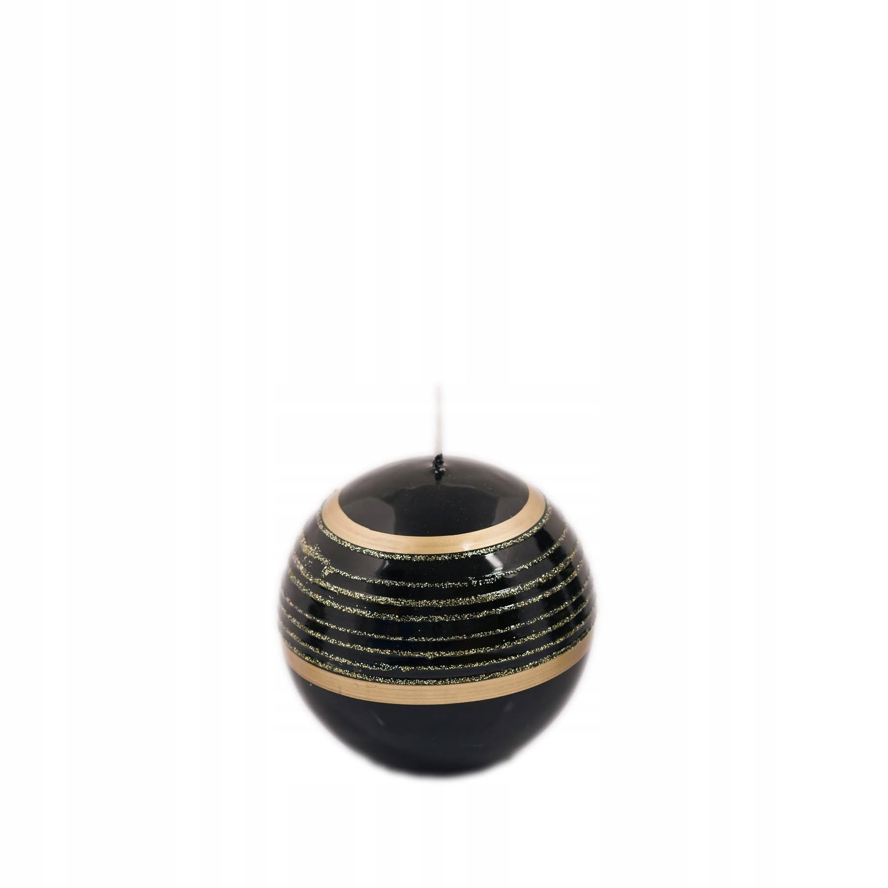

Czarna świeca w złoto brokatowe paski kula 8cm