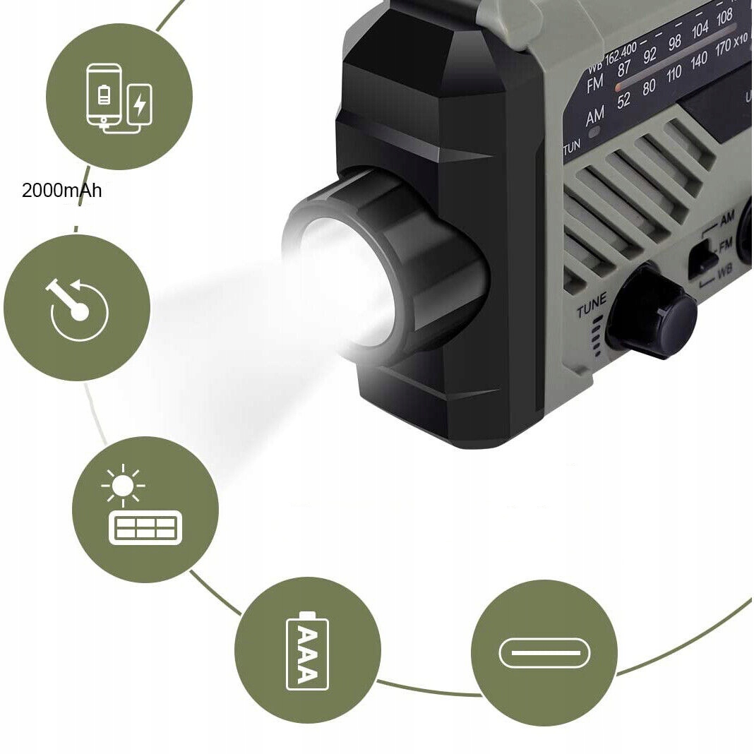 AWARYJNE RADIO SOLARNE PRZENOŚNE RADIO Z KORBĄ RADIO SOLARNE AM/FM 2000MAH Stan opakowania oryginalne
