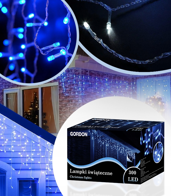 Lampki Zewnętrzne Sople 300 Led Niebieskie Kurtyna Girlanda 12 Metrów