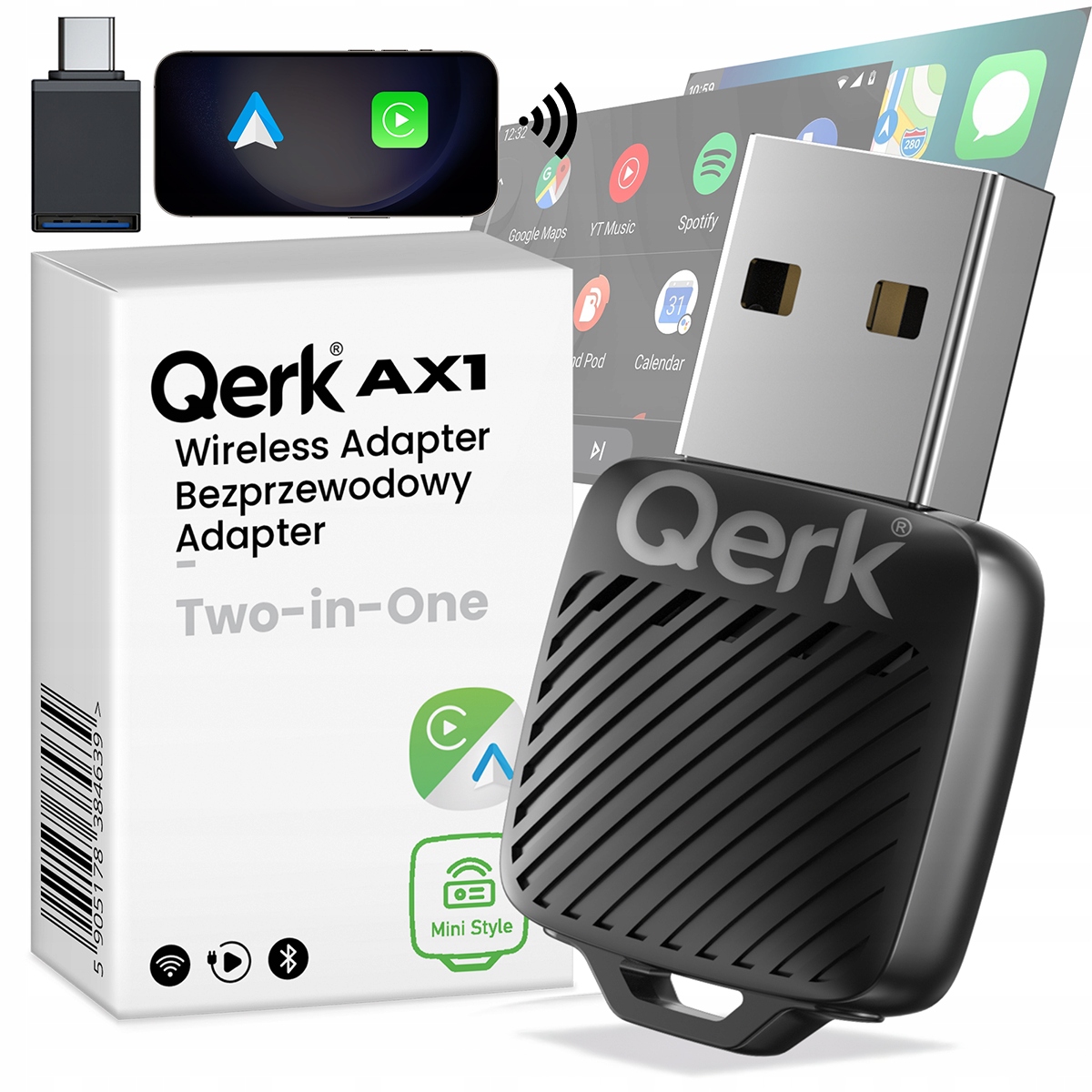 Adaptér Qerk AX1 Android Auto CarPlay bezdrátový WiFi 6 Bluetooth 5.4