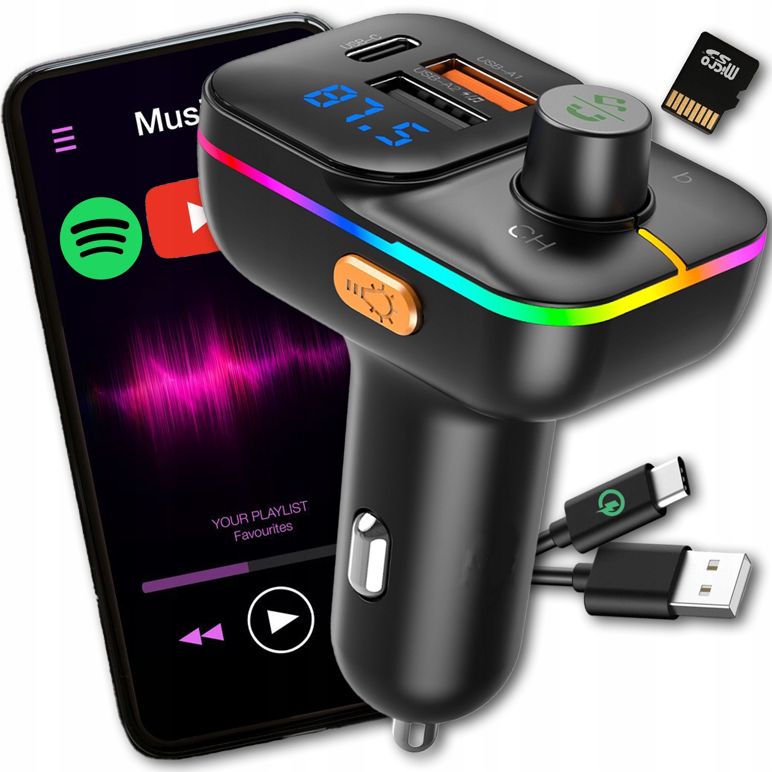 TRANSMITER FM SZYBKA ŁADOWARKA BLUETOOTH AUDIO MP3 BT 3X USB RGB QC 3.0 Model Transmiter audio
