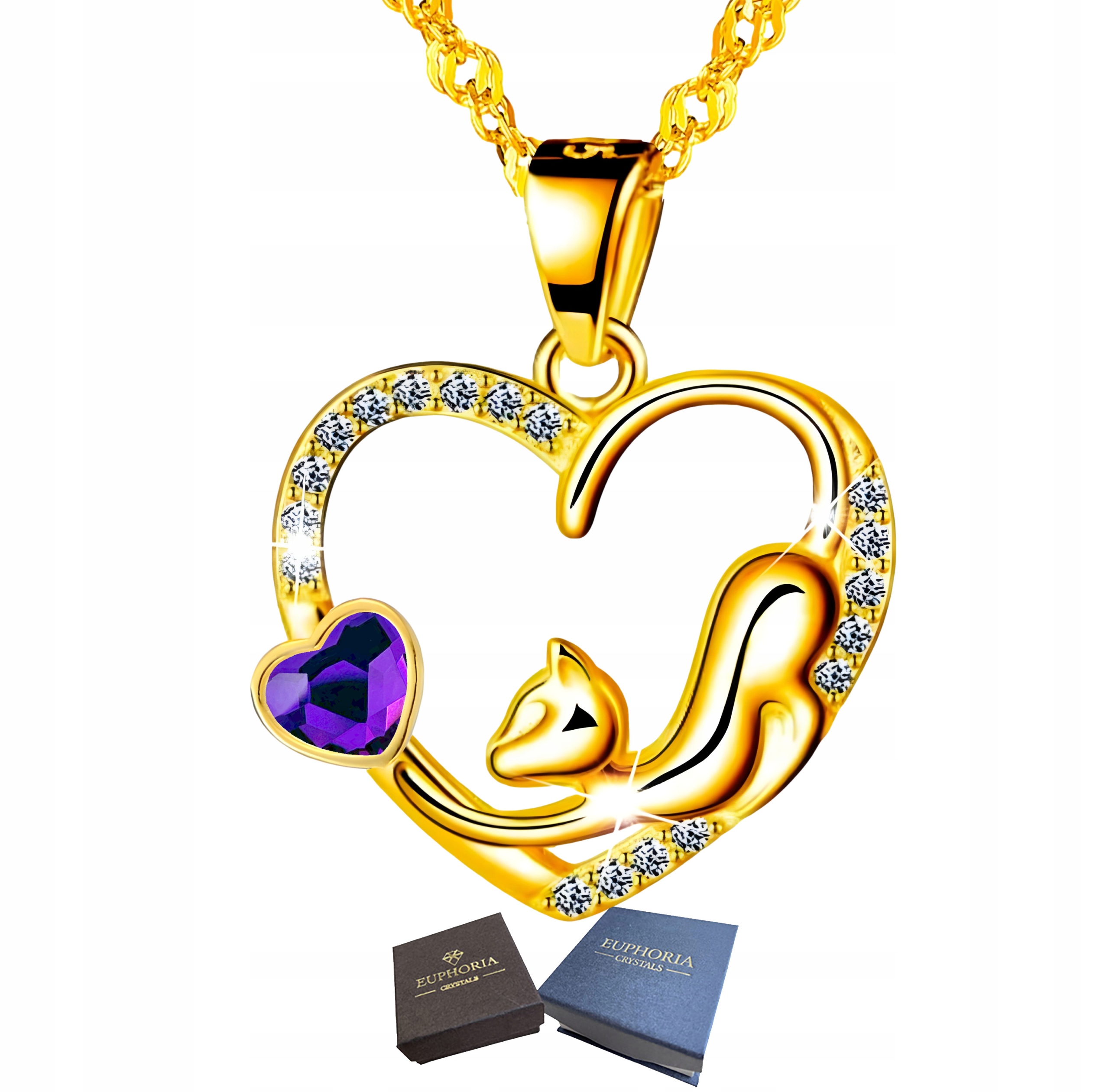 Zlatý náhrdelník Stříbro 925 Srdce s kočkou a zirkony Dámské šperky