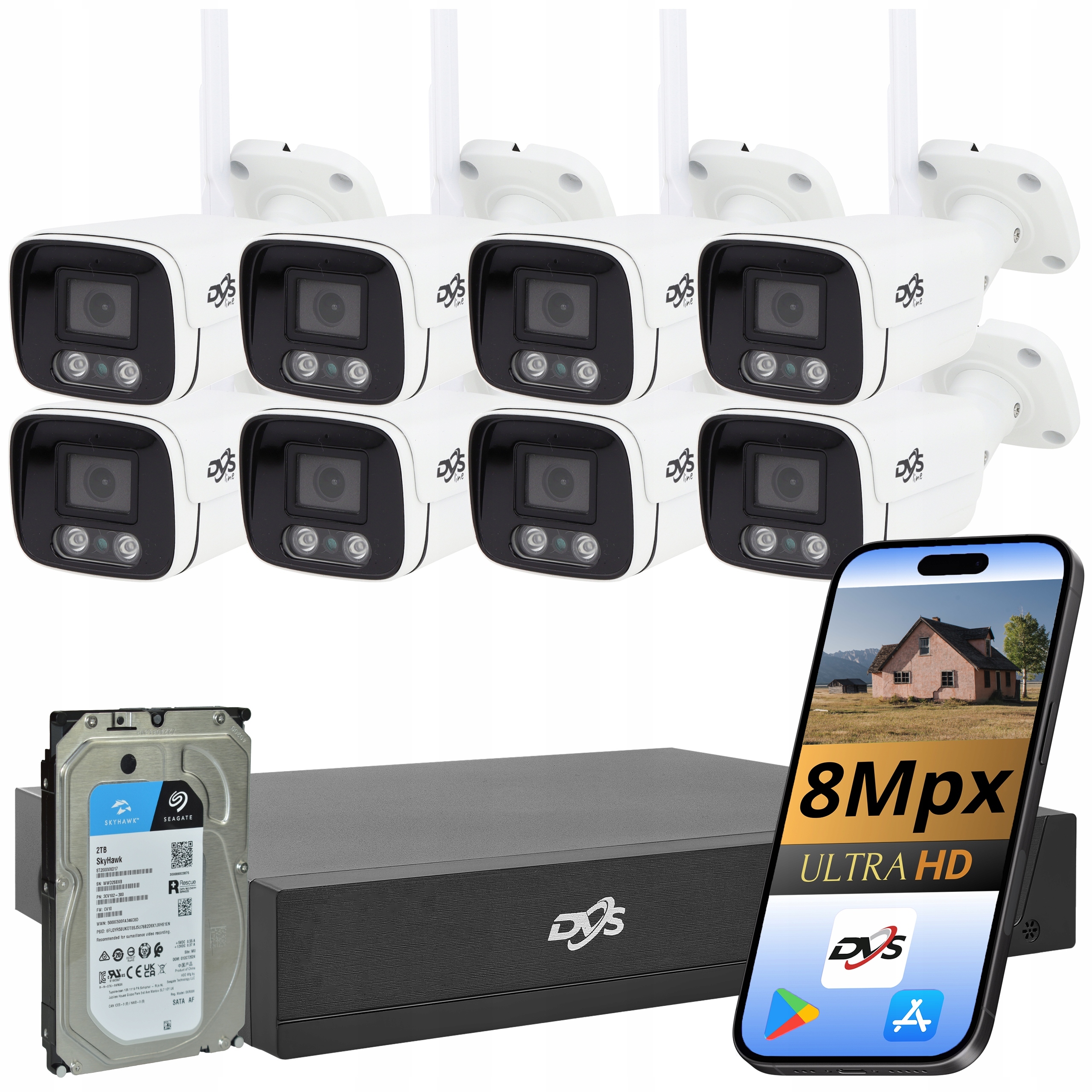 Sada 8 Wifi Kamer Bílá Tuba 8Mpx 4K Bezdrátový Monitorovací Disk 2TB