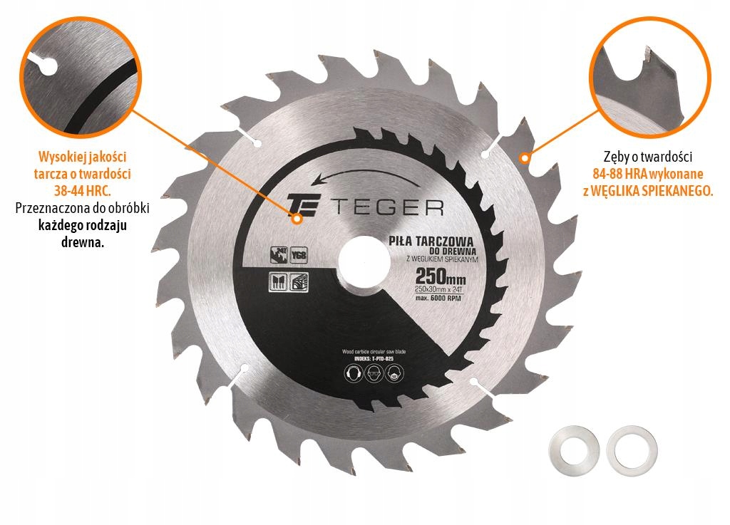 Piła tarczowa do drewna z węglikiem spiekanym 250x30x24T / TEGER Kod producenta T-PTD-025