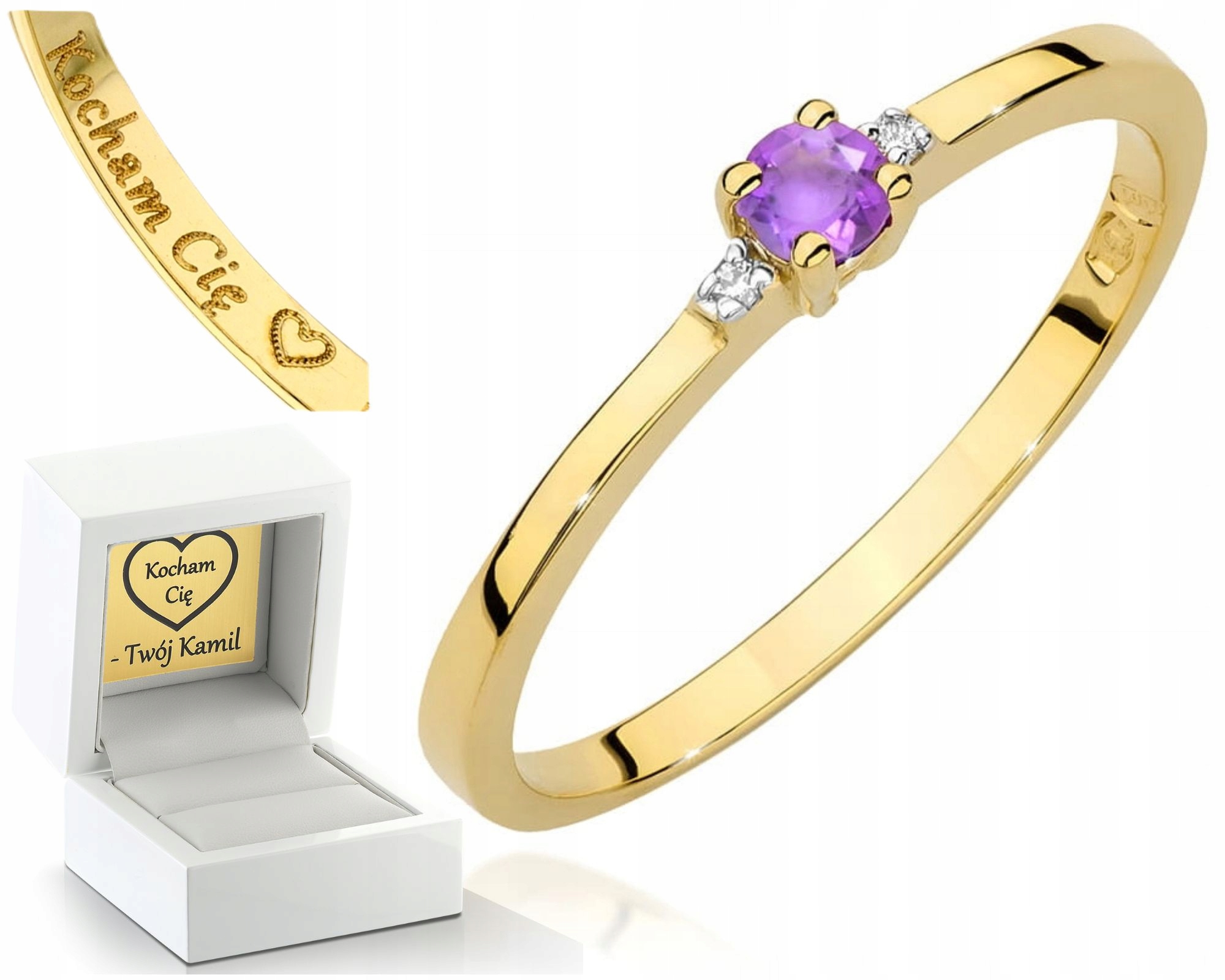 Ametystový Prstýnek Prsten 0,10 KArátové Žluté Zlato Bonus Gravírování 585