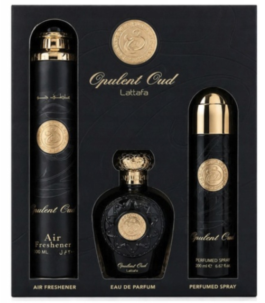 Lattafa Opulent Oud dárková sada Parfémovaná voda 100 ml Deo osvěžovač