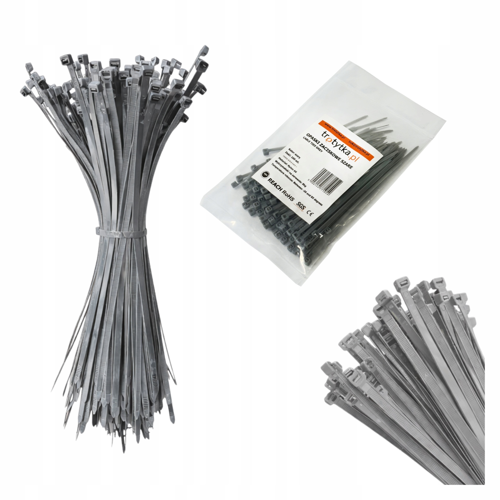 Opaski zaciskowe kablowe trytytki trytki Uv 2,5 x 100 mm, szary 100 szt.