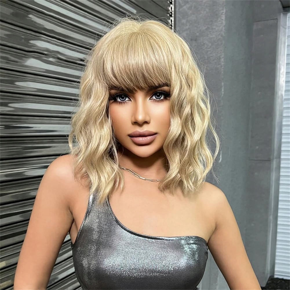 Dámská paruka Kudrnaté paruky Blond Krátké vlasy Přírodní 31 cm s ofinou
