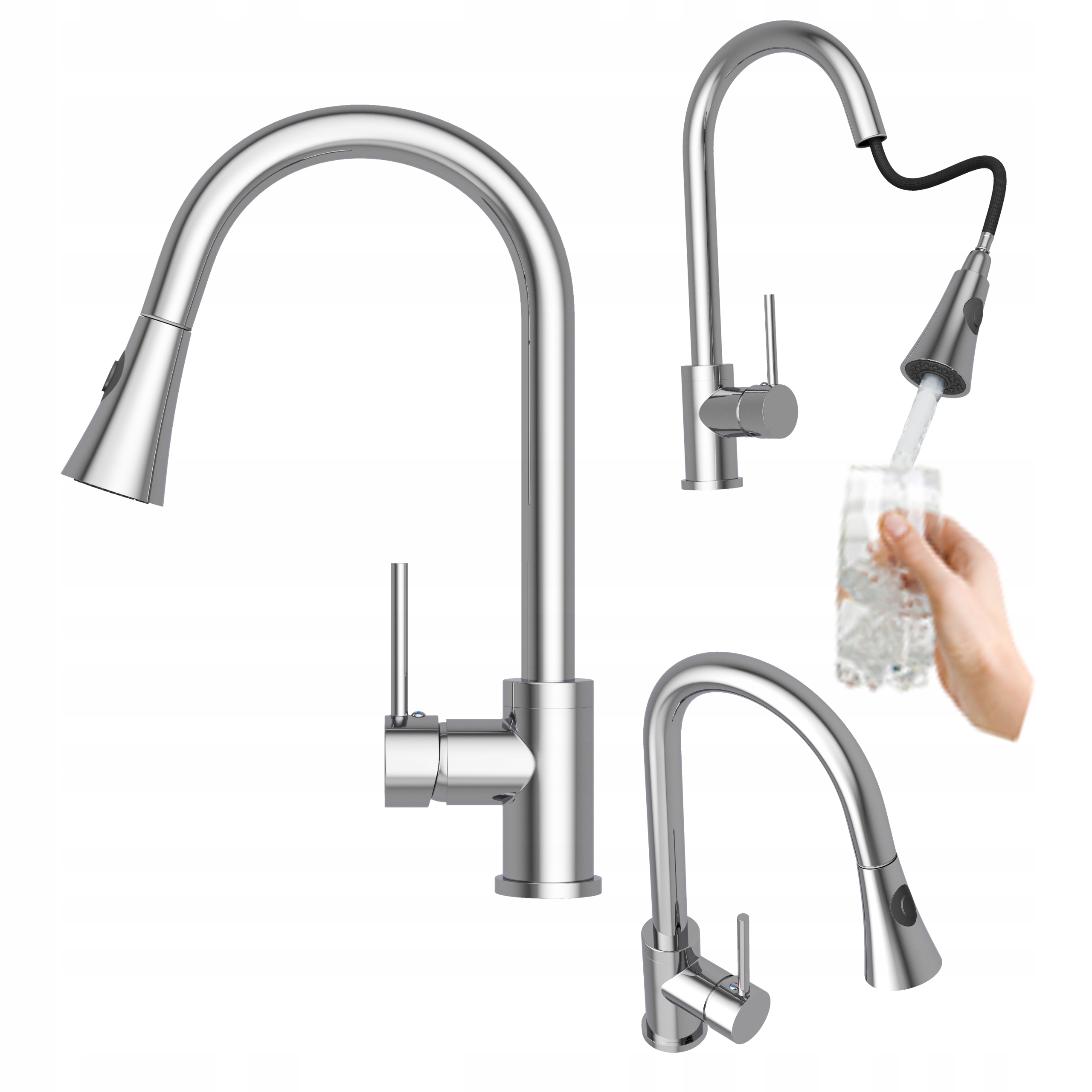 Kuchynská batéria Snake s výsuvným výtokom, chróm, strieborný kohútik do kuchyne