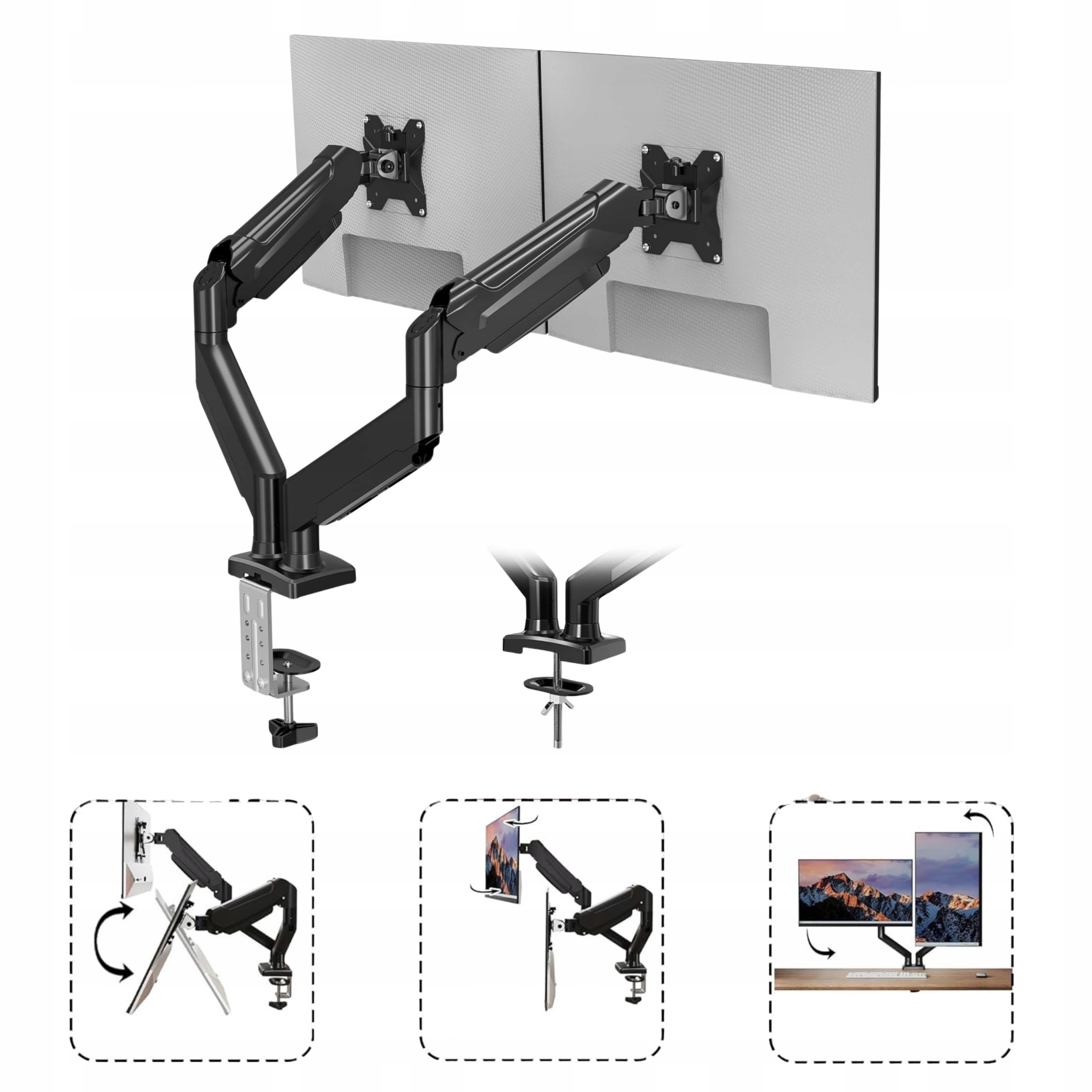 Držák pro monitory Dvojitý ergonomický stojan Plynová pružina 13-32 palců