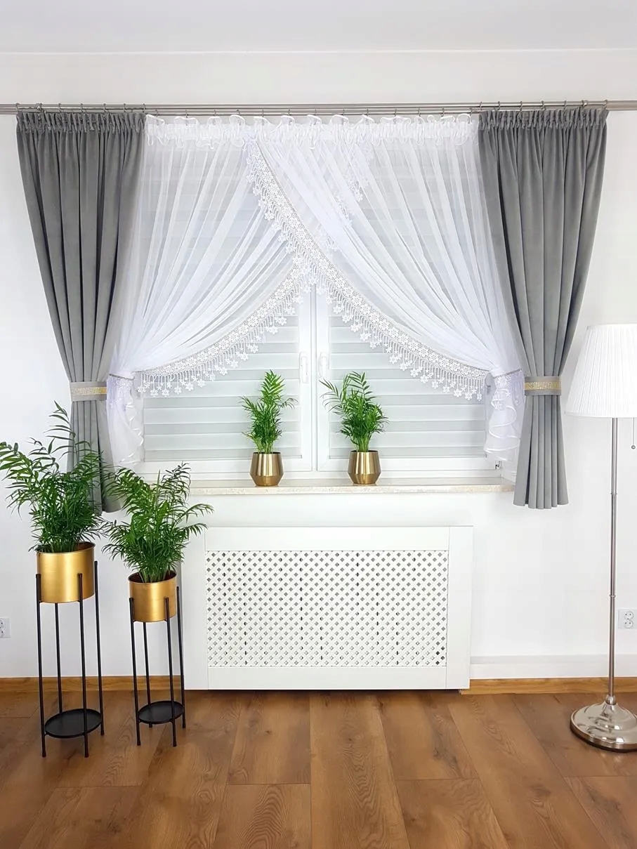 Zestaw Gotowy Firana Biała Zasłony Szare Na Taśmie Z Tunelem