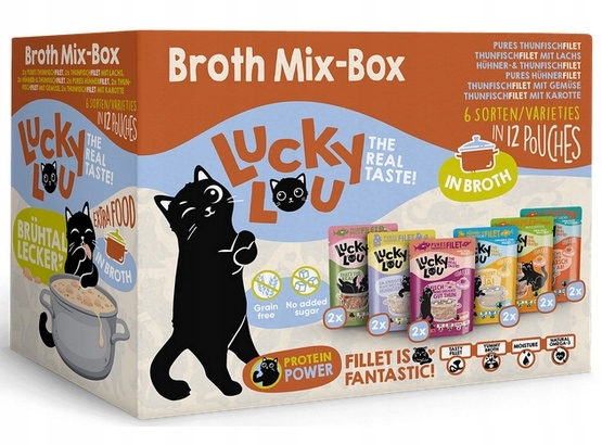 Levně Krmivo pro kočky bez cukru a obilovin – Lucky Lou Mix chutí ve vývaru 12 x 70 g