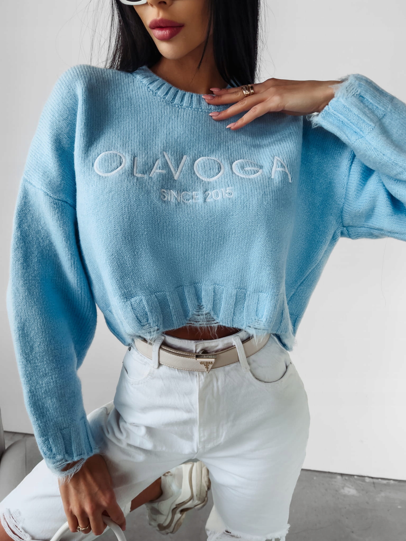 Sweter damski OLAVOGA KARO 2024 błękit - M Rozmiar M