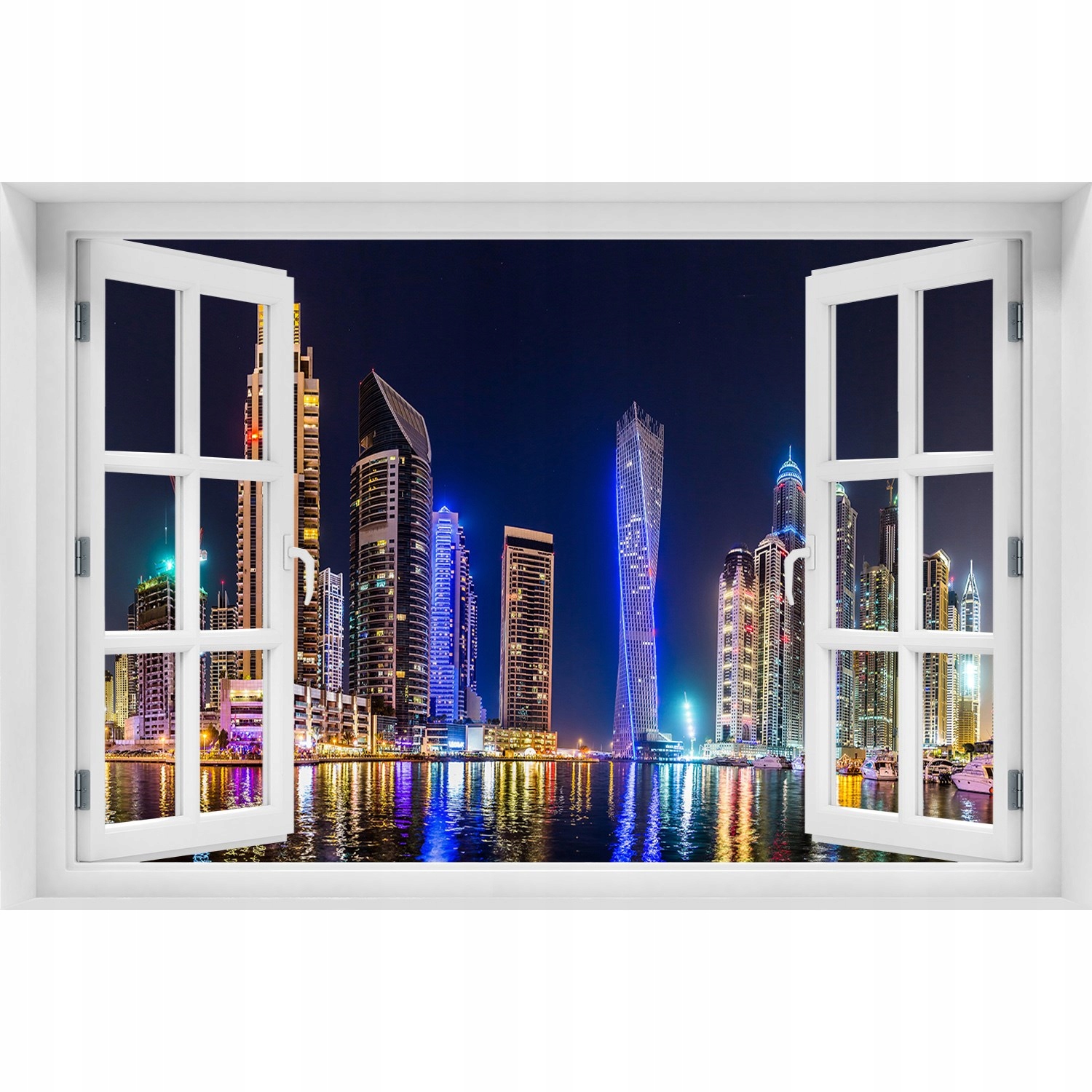 

Naklejka Fototapeta Okno widok Dubaj nocą 120x80