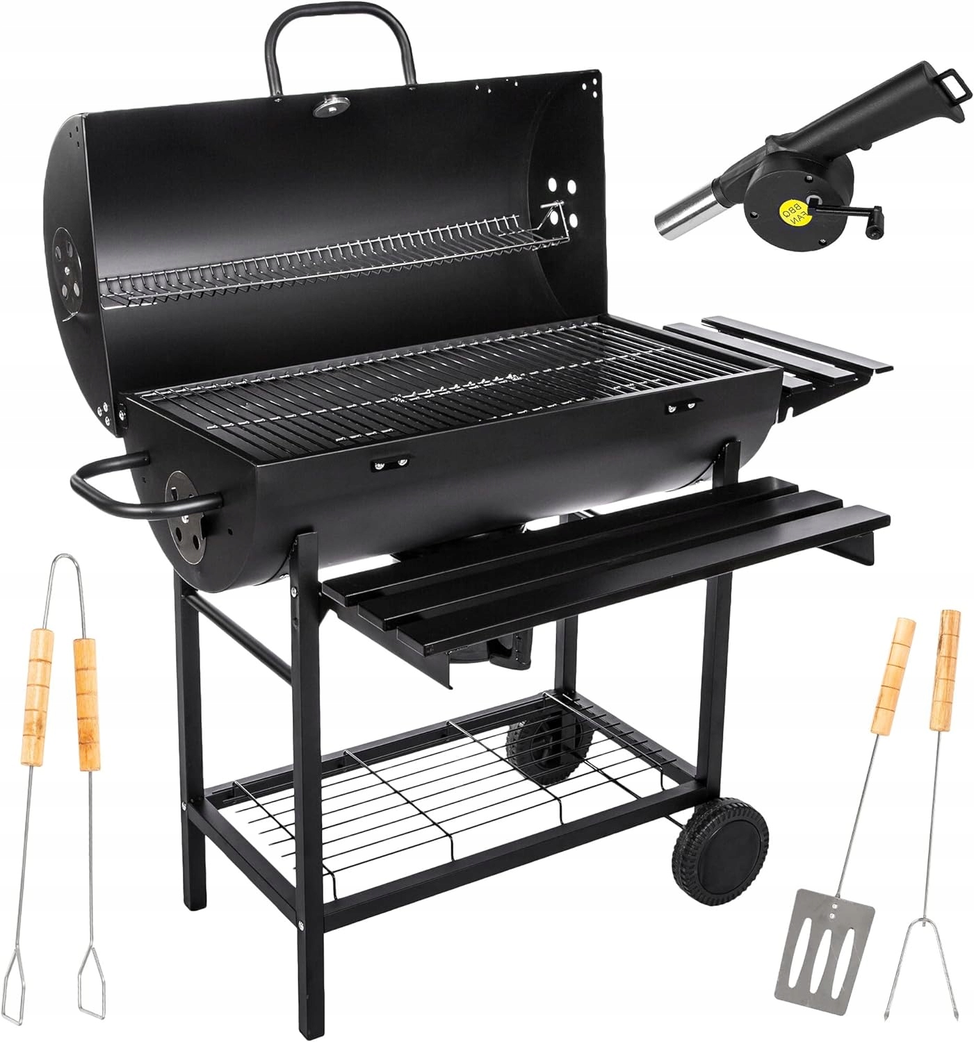 Zahradní gril na dřevěné uhlí s víkem a roštem 71 x 35 cm na kolečkách