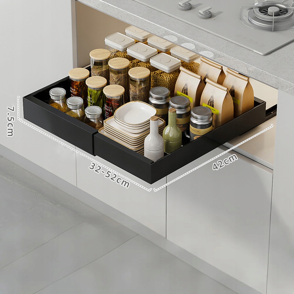 Výsuvný organizér do skříňky, rozšiřitelný, s lepicí páskou, 32-52 cm, černý