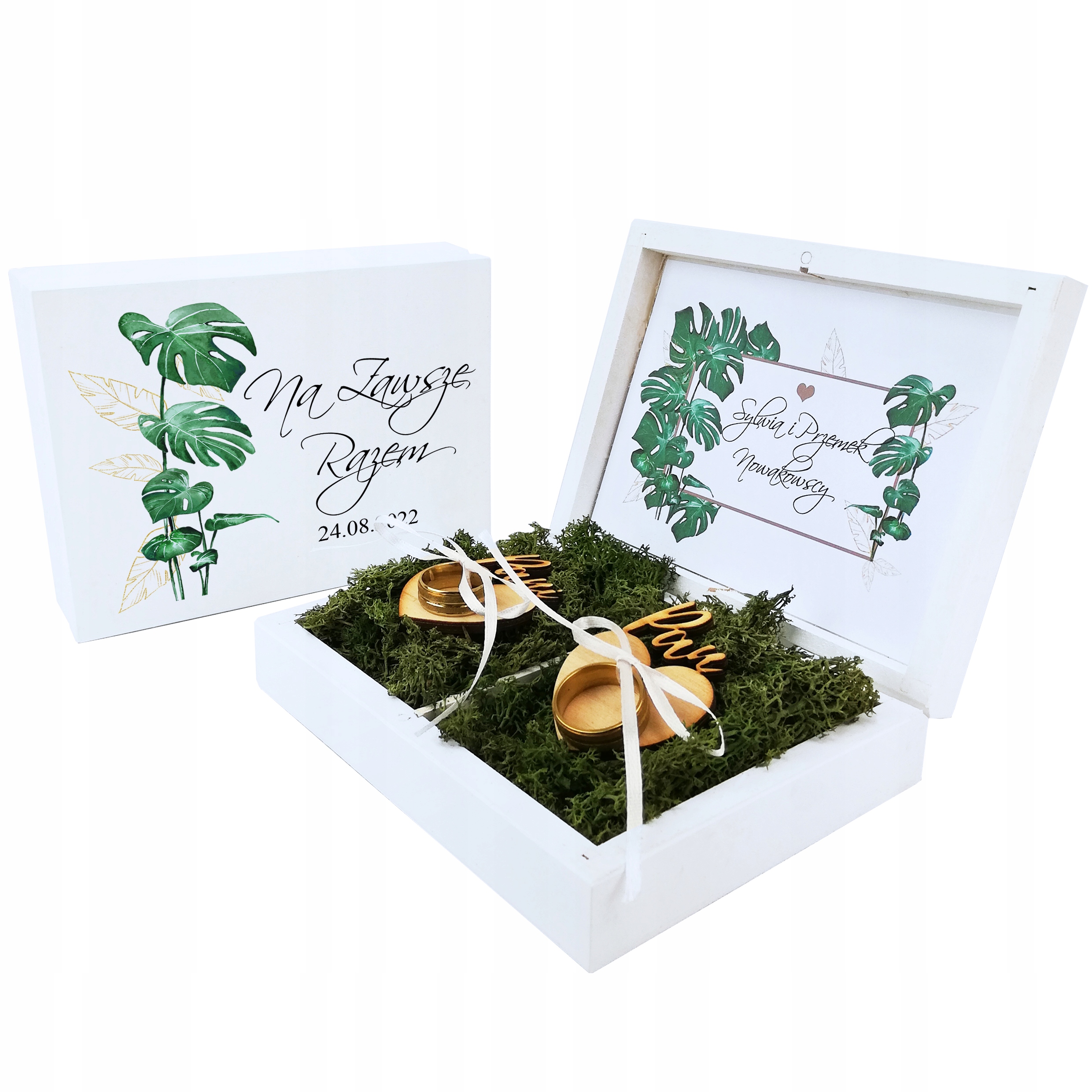 

Drewniane Pudełko Na Obrączki Liście Monstera Ślub