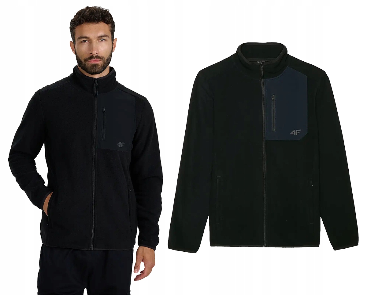 Pánská fleecová mikina 4F M414 se zipem, černá, s kapsami, 3XL