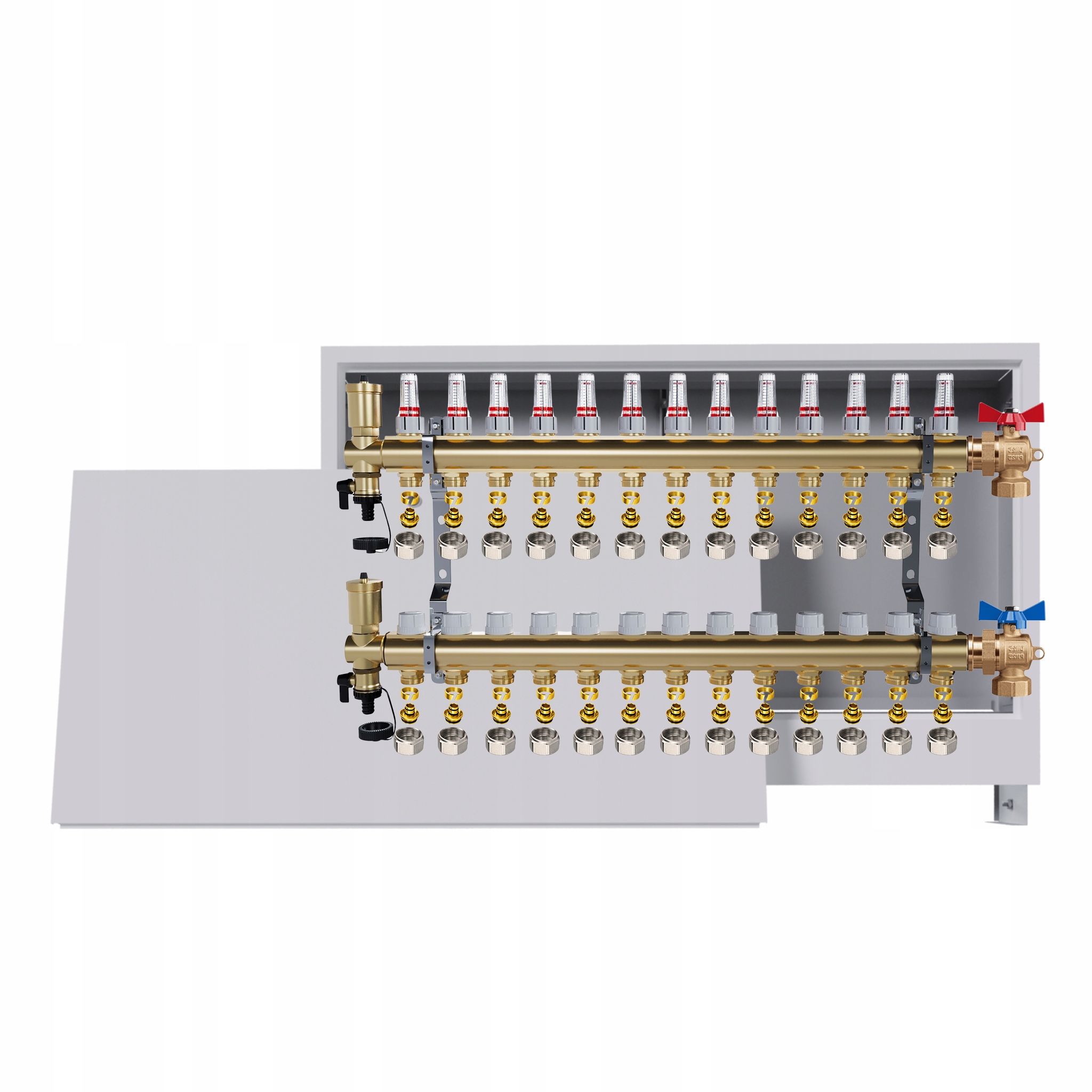 Rozdělovač podlahových krytin mosazný 13 obvodů Podomítková skříň ventily Pex