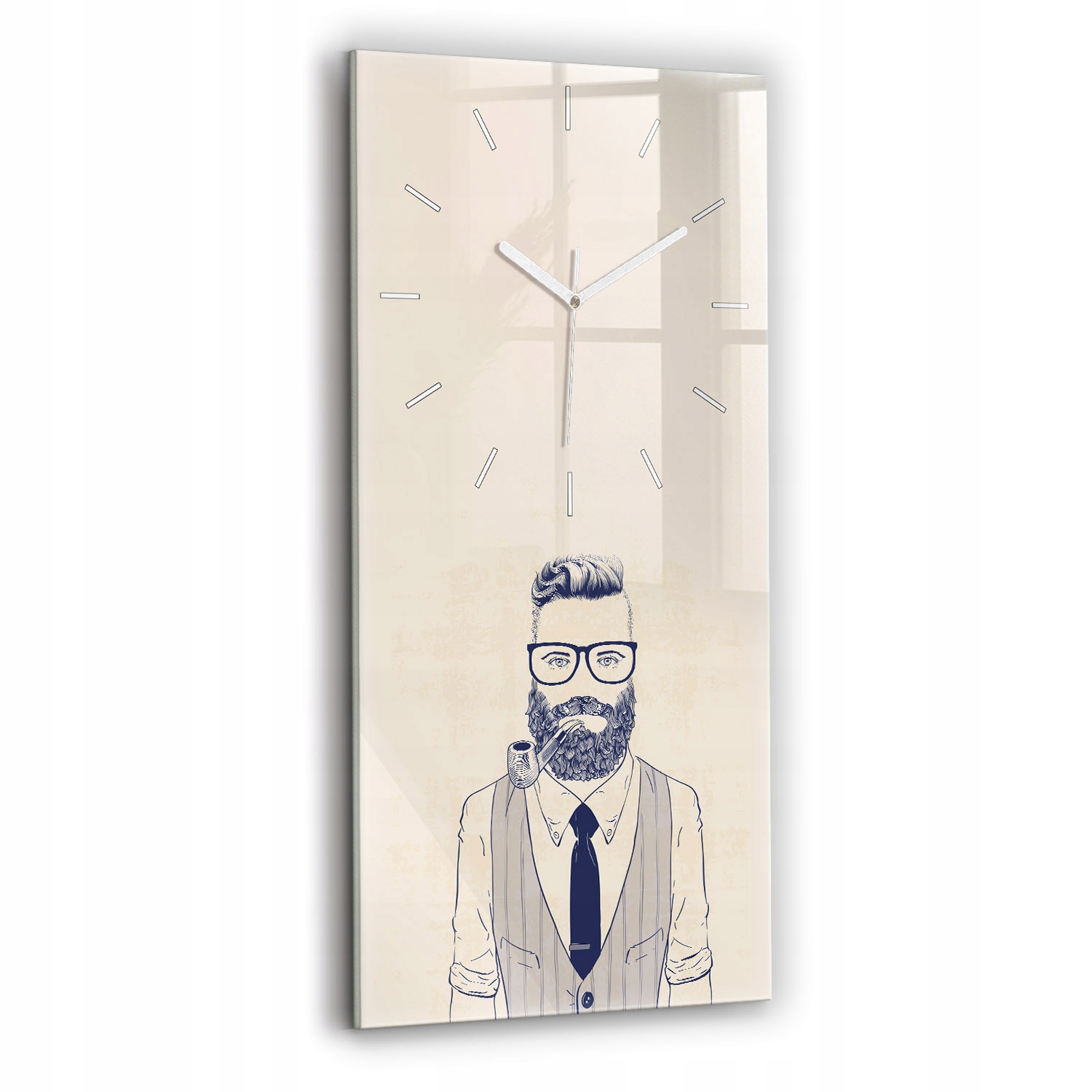 Elegantní vertikální skleněné hodiny na zeď Muž s vousy 30x60 cm