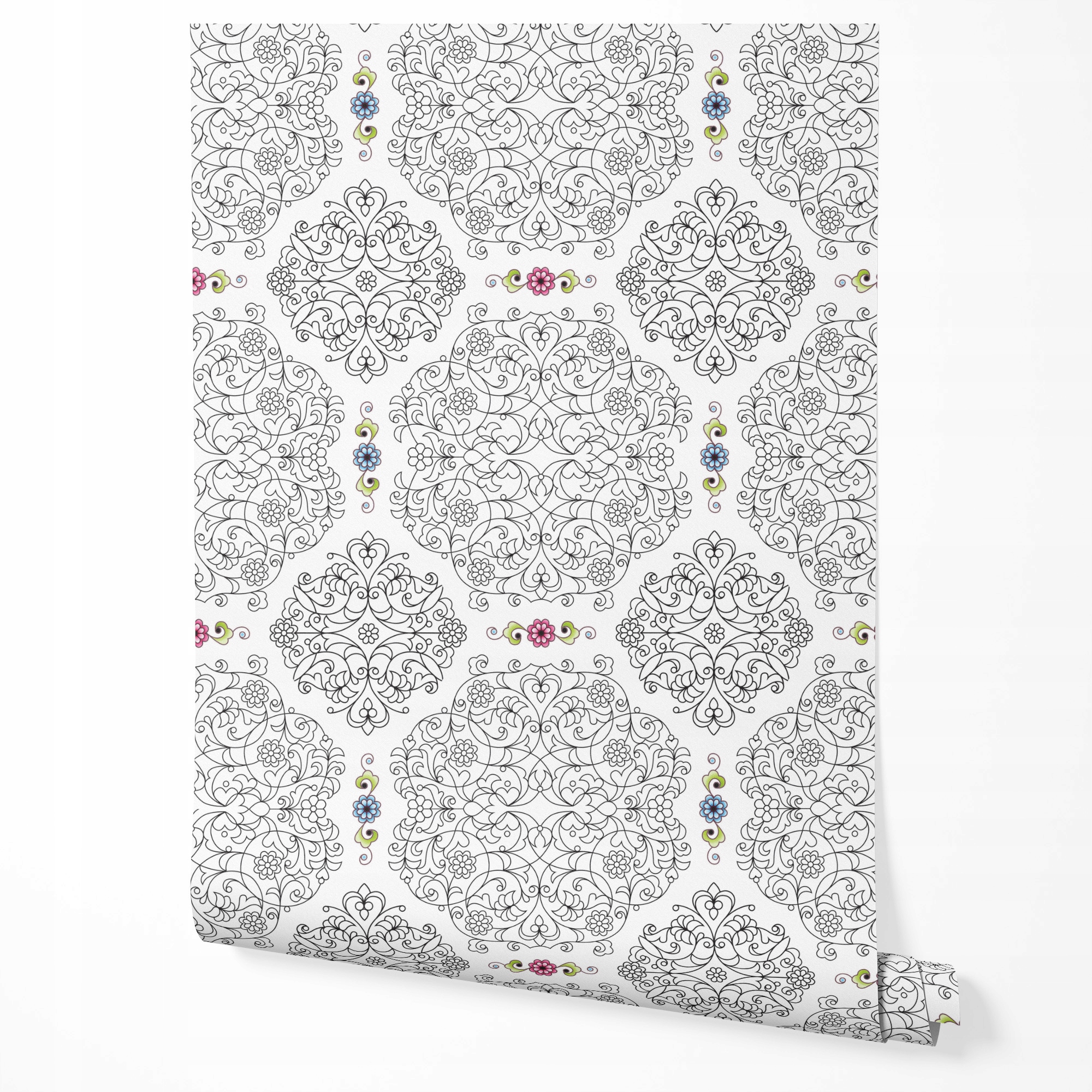 Tapeta Samolepicí Černé Ornamenty Růžové Modré Květiny Do Obývacího Pokoje