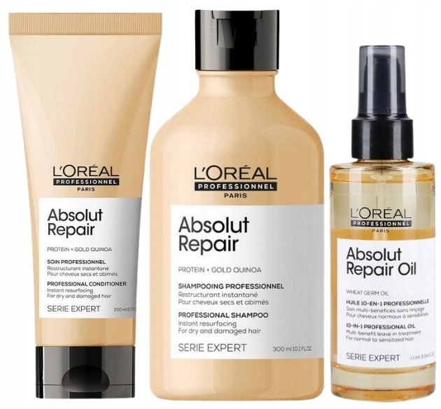 Loreal Absolut Repair Zestaw do Włosów Szampon Odżywka Olejek 10w1