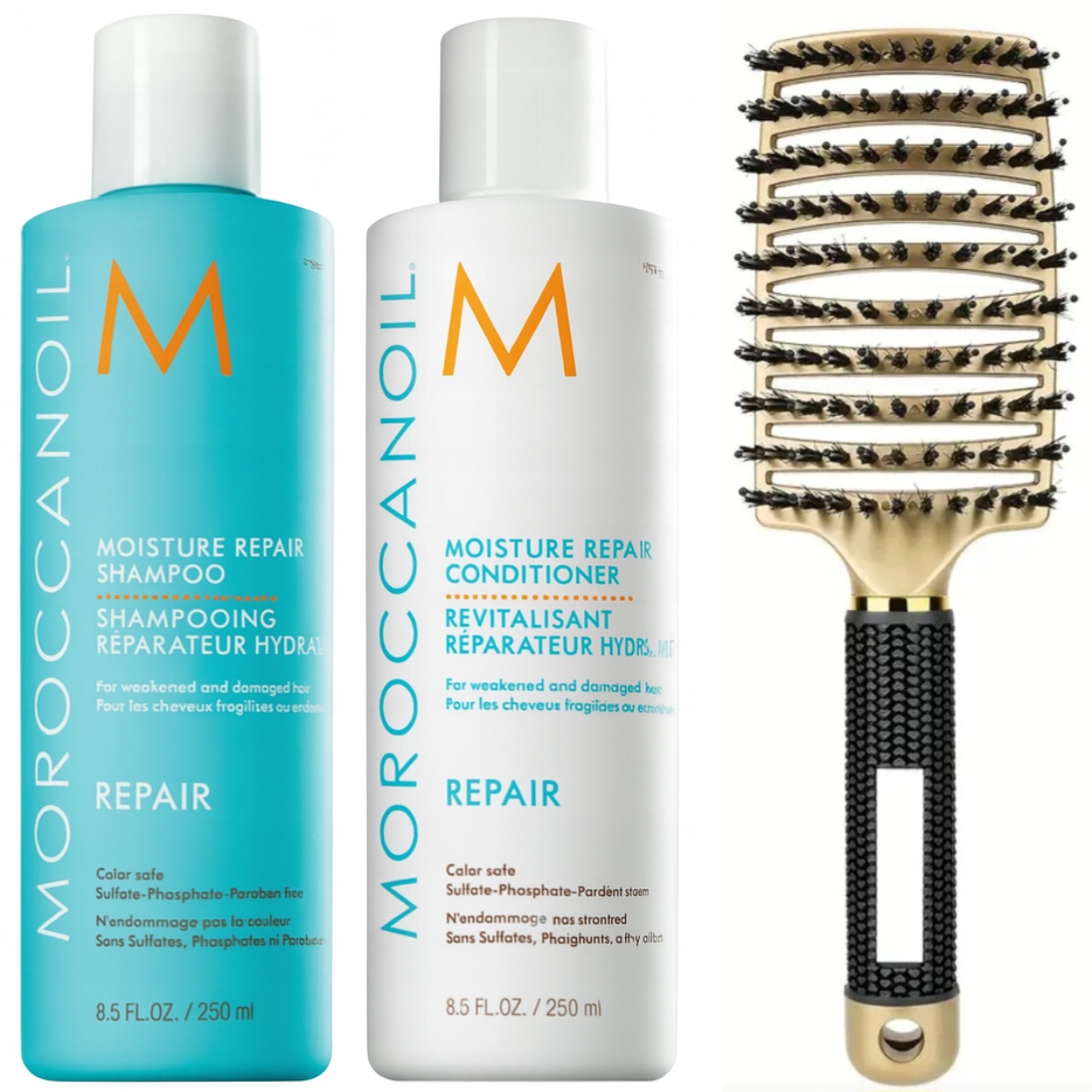Moroccanoil Repair Regeneracja Szampon Odżywka 250 ml szczotka