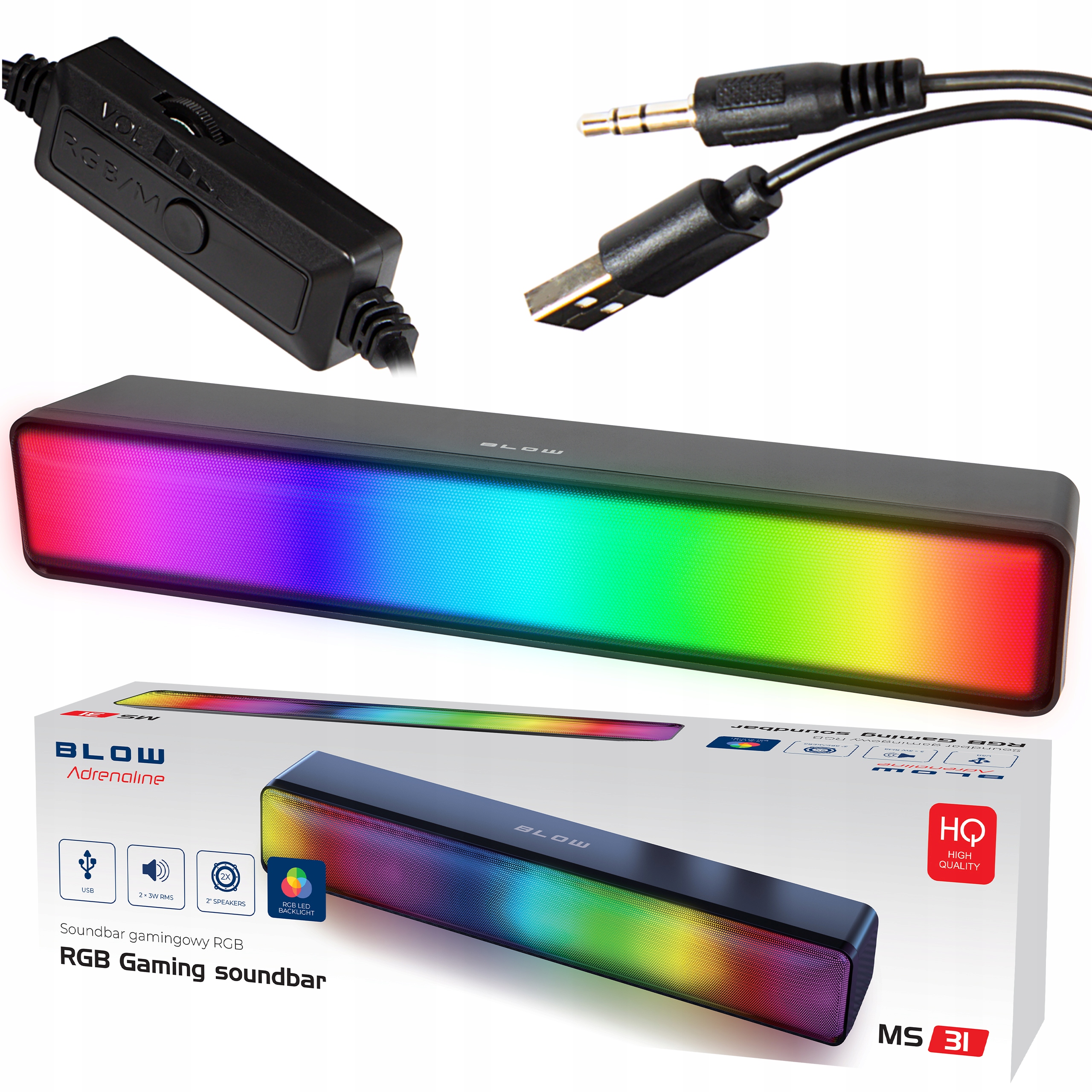 GŁOŚNIKI KOMPUTEROWE 2.0 GŁOŚNIK GAMINGOWY SOUNDBAR LED RGB KOLORY USB 5V