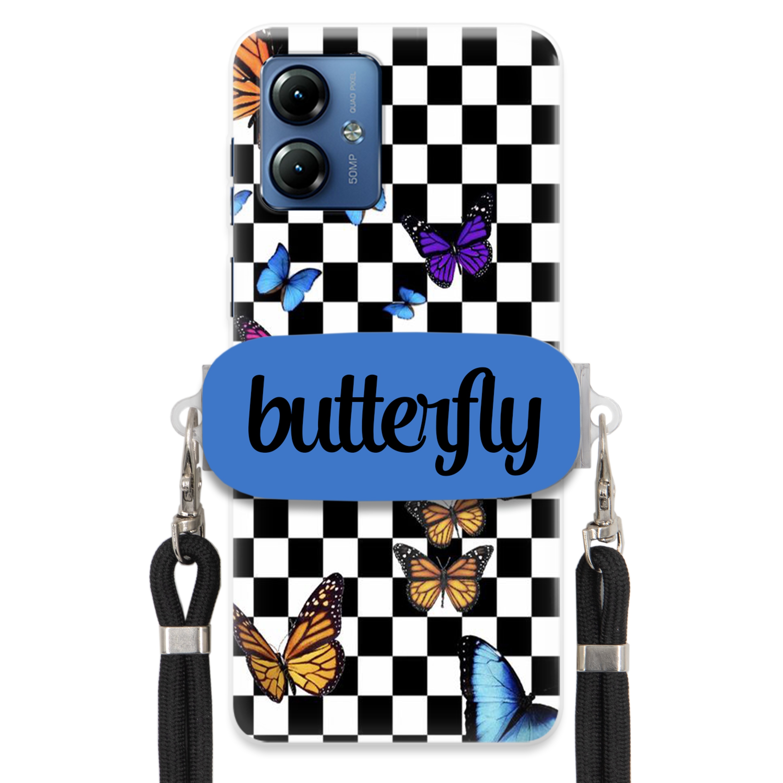 Puzdro Pre Motorola G14 Puzdro Obdĺžnikový Držiak Čierne Vodítko Butterfly Motýle
