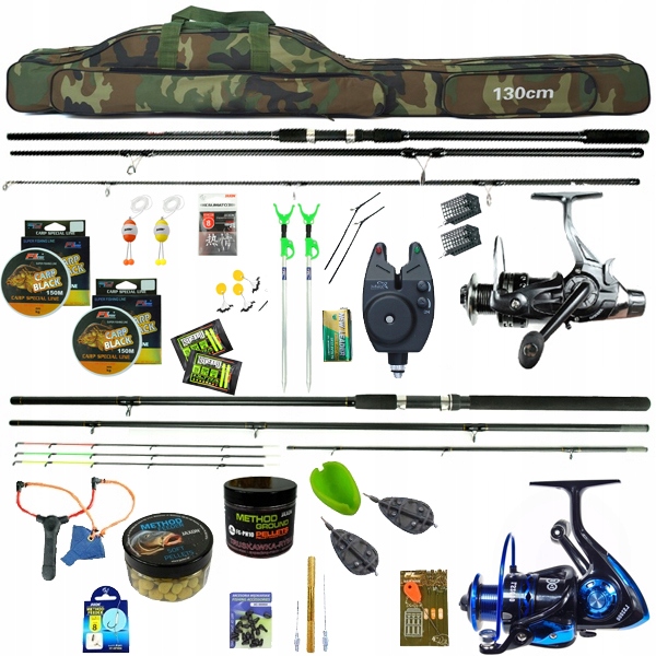bogaty Zestaw 2x wędka, Karpiówka Feeder 2x kołowrotek 76 elementów