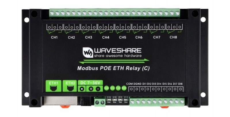 Relé 8 kanálů Ethernet Modbus Rtu Tcp napájení DC PoE Sku: 30544