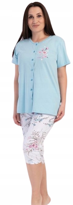 Elegantní Rozepínací Pyžamo Na Knoflíky Světlé Květinové Kalhoty 3/4 4XL