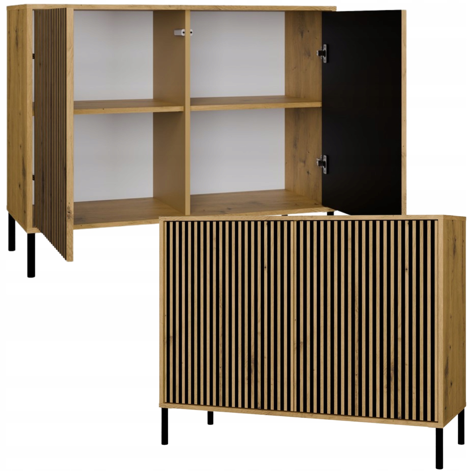 Komoda Ryflowany Front 4 Półki Do Salonu Biura Pokoju Dąb Artisan