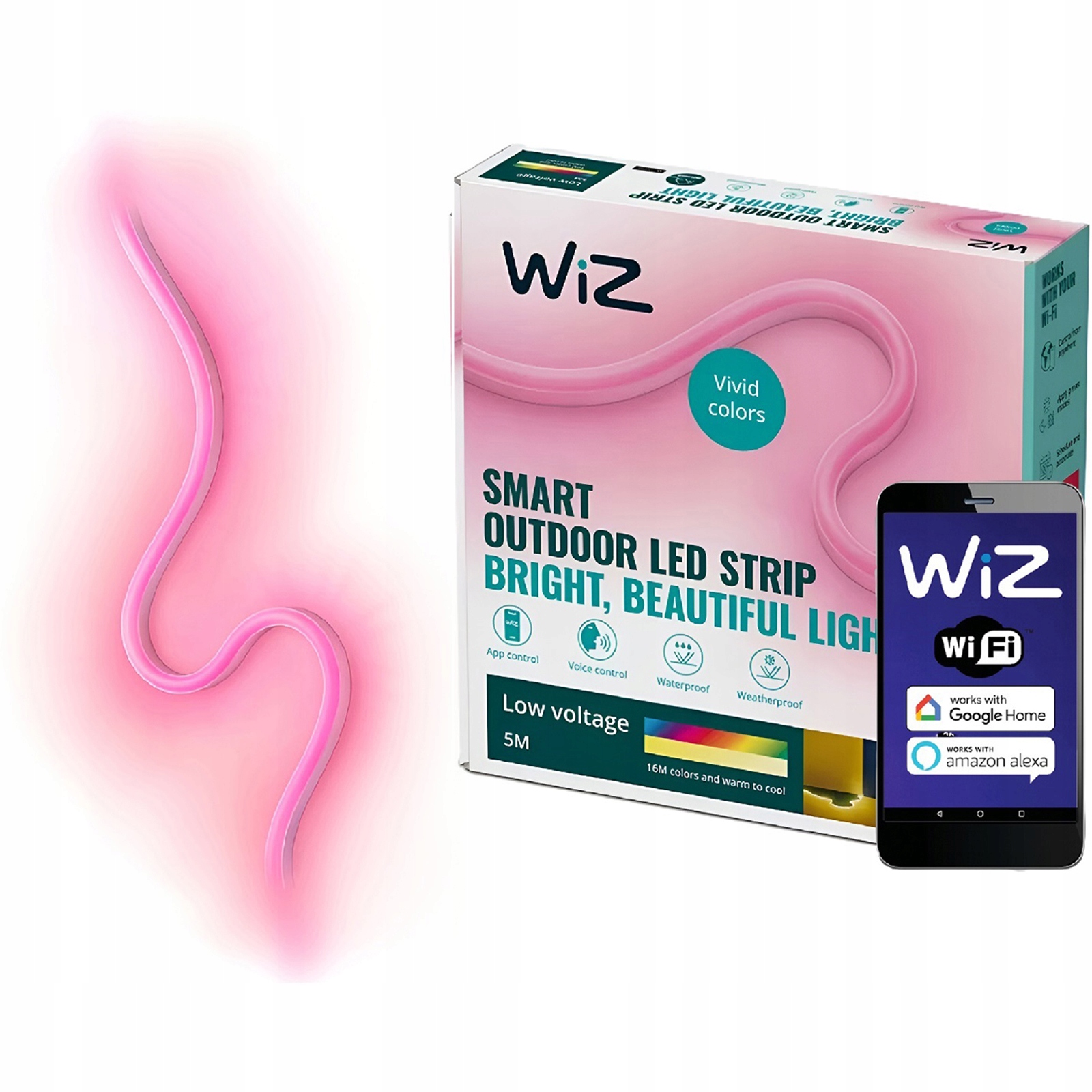 Led pásik Vodotesný Neon 5 m Rgb Cct Napájací Zdroj Smart WiFi Aplikácia WiZ