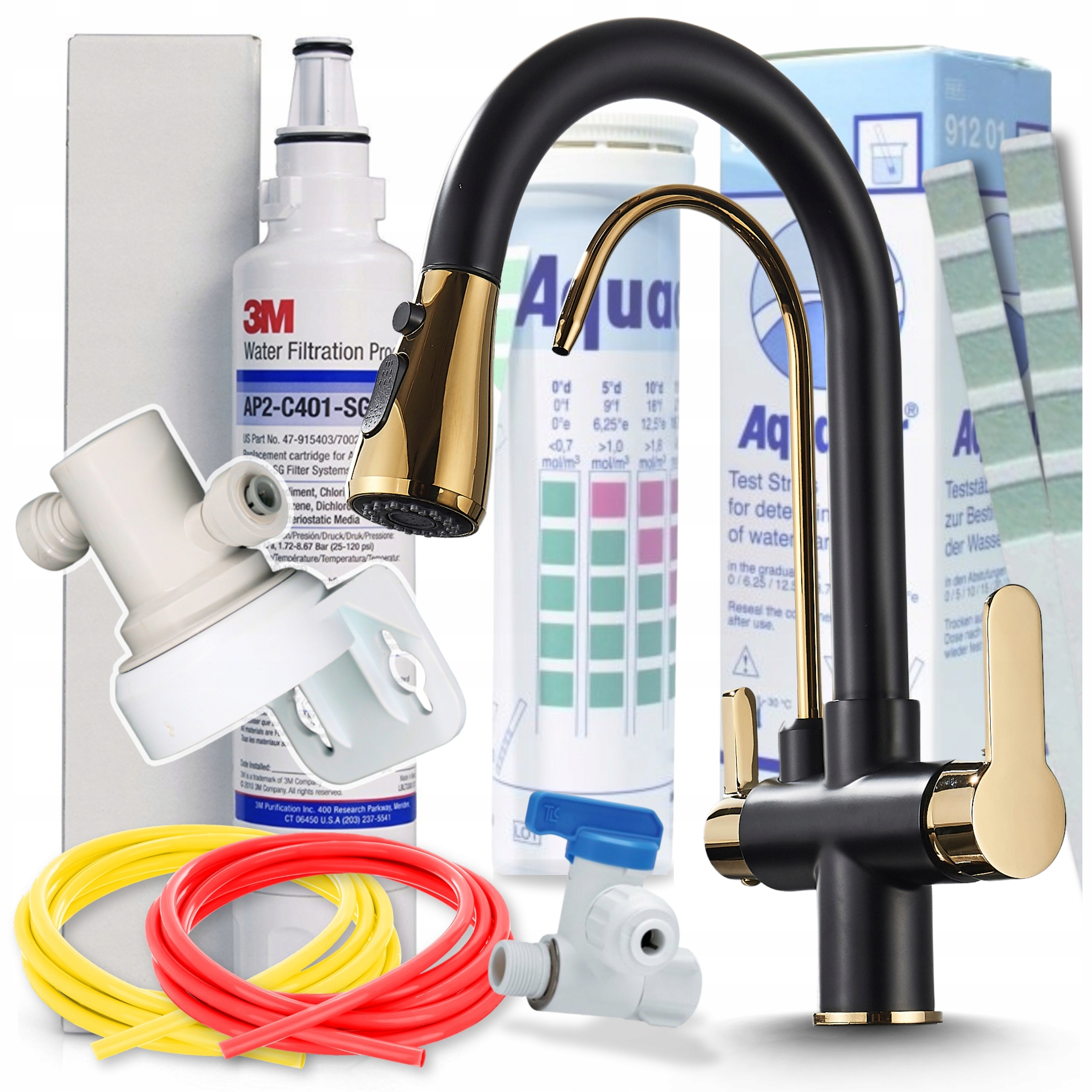 Kuchynská batéria čierna zlatá do umývadla trojcestná, výsuvná, slúchadlová