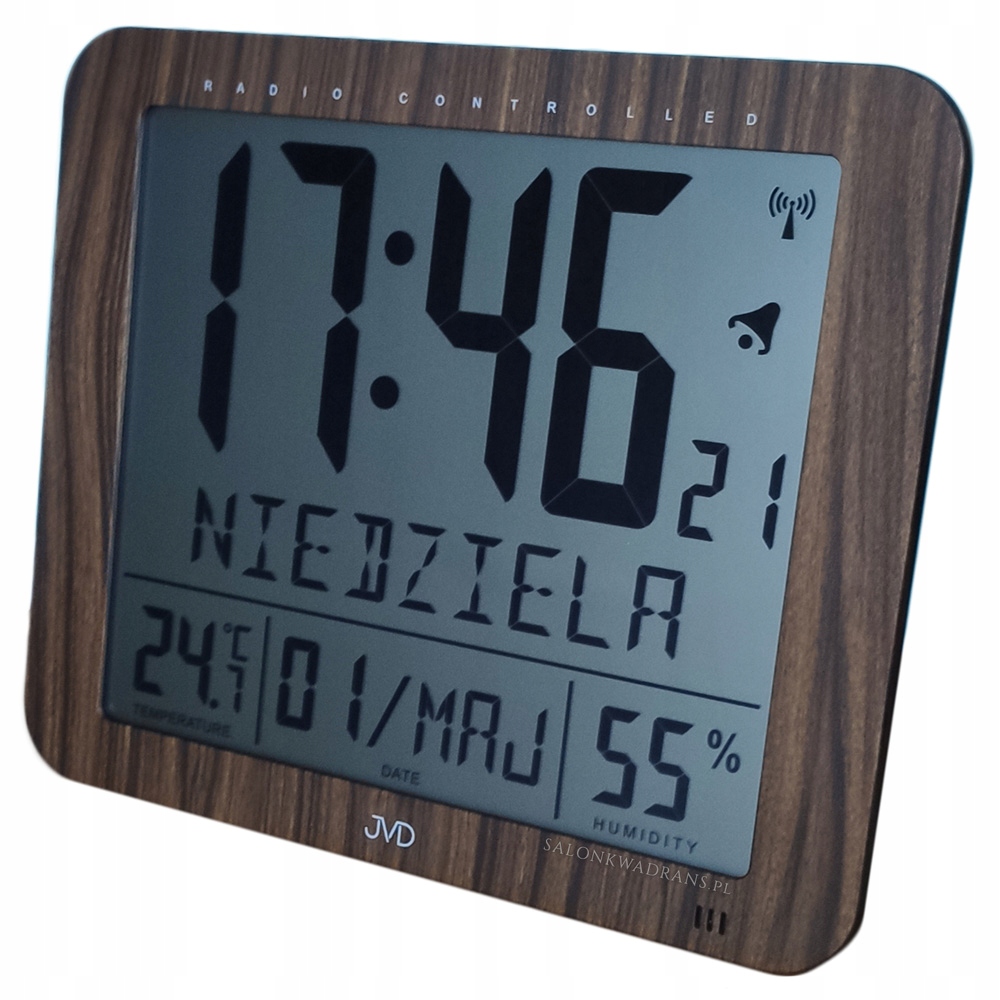 

Brązowy zegar cyfrowy Jvd Dni tygodnia po Polsku