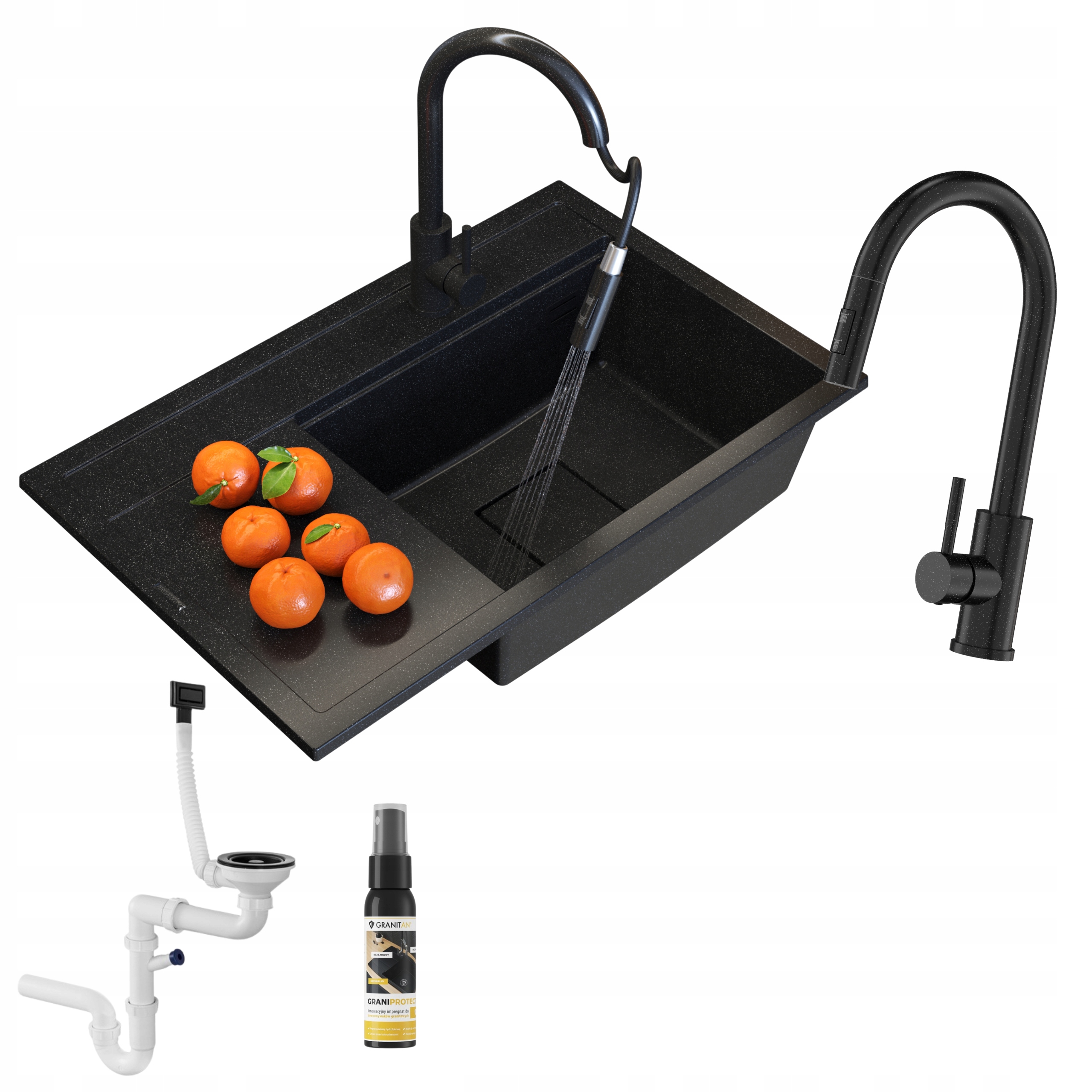 Granitový Drez, Moderný, Čierny, Škvrnitý, Kuchynská Batéria, Sada Rendo