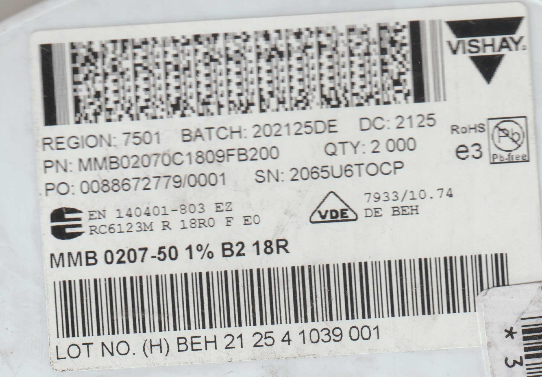 [20szt] 18R 1% 50ppm 1W rezystor Smd melf MMB0207 Vishay low noise