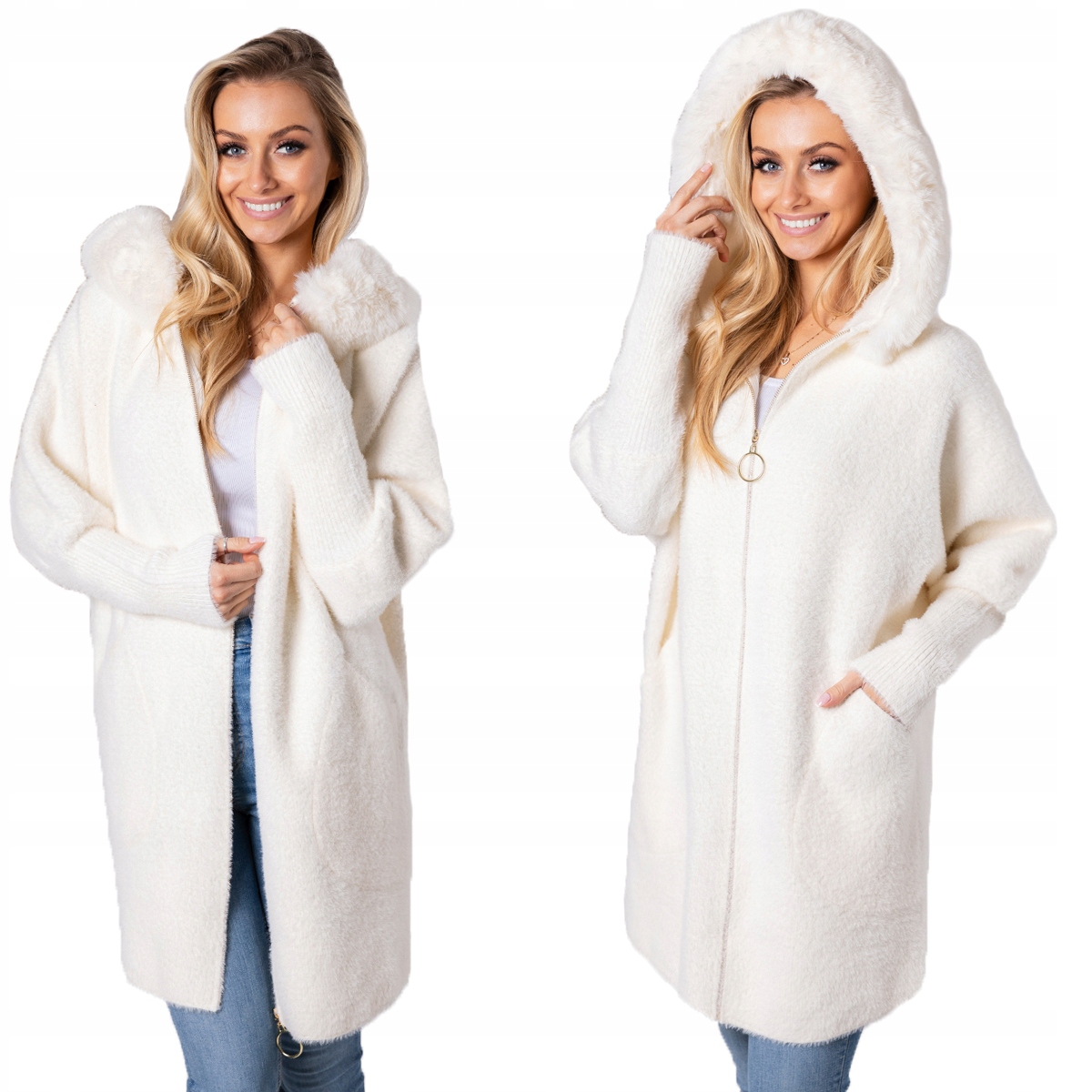 Nadýchaná Alpaka Kabát Kapuce s kožešinou Měkký, teplý, dámský Ecru