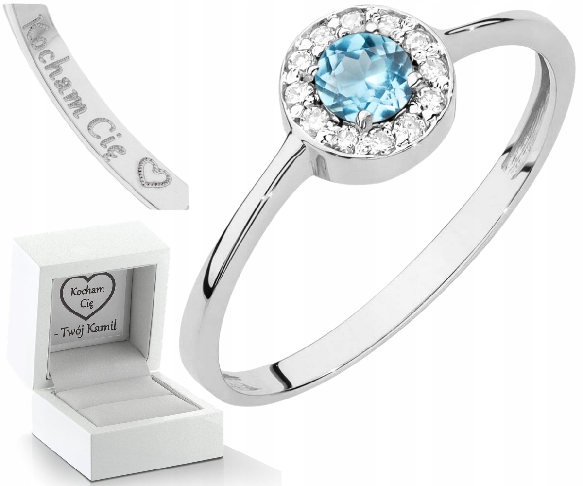 Bílý Zlatý Prstýnek S Tyrkysovým Přírodním Kamenem Topaz A Diamanty