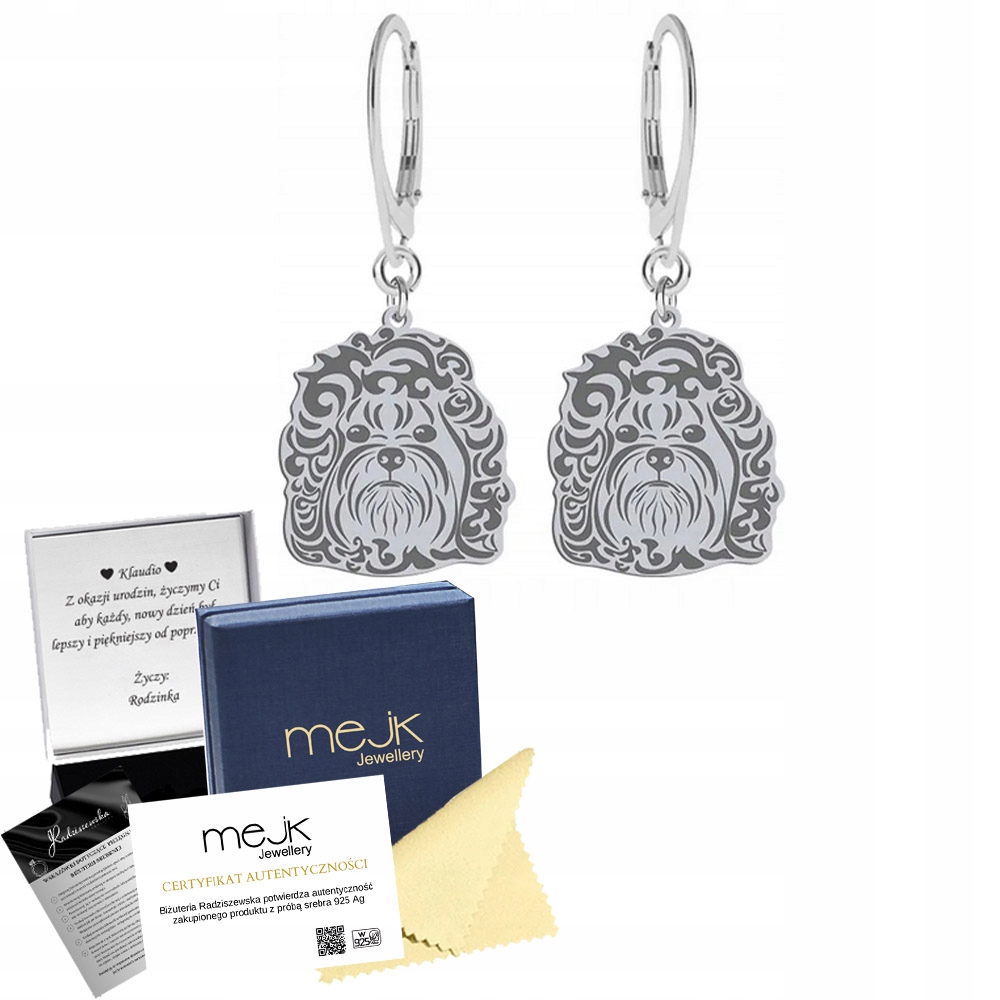 Stříbrné Náušnice se psem Bolonkou Ruská bižuterie Narozeniny Dárek Gravírování