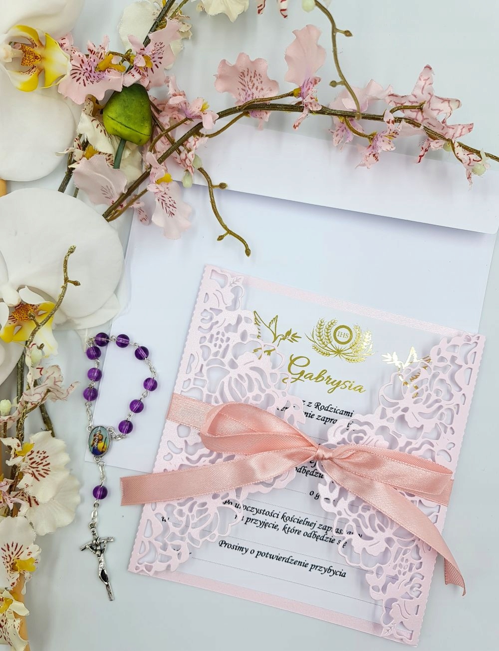 ZAPROSZENIA CHRZEST, CHRZCINY AŻUROWE ZŁOCONE RÓŻ Wysokość produktu 14 cm